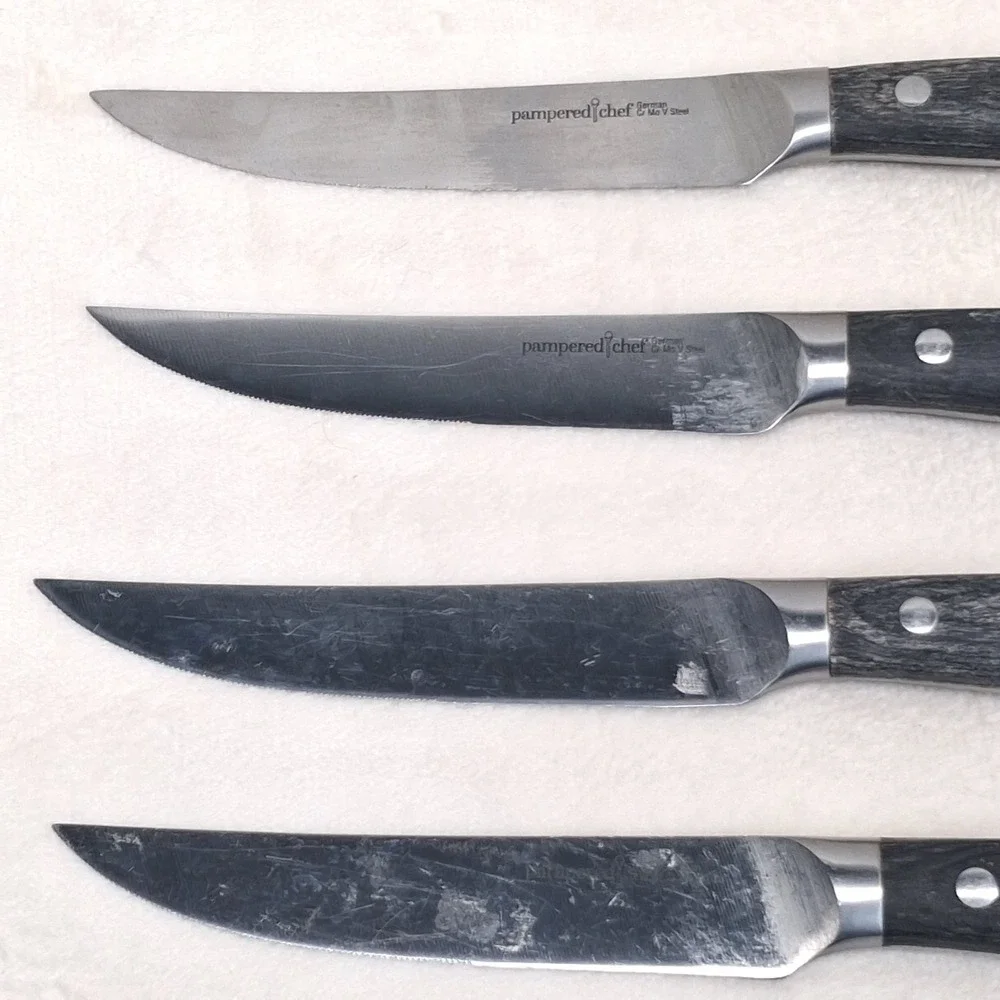 Pampered Chef (4) Steak Knives Dark Gray Handle German Steel
